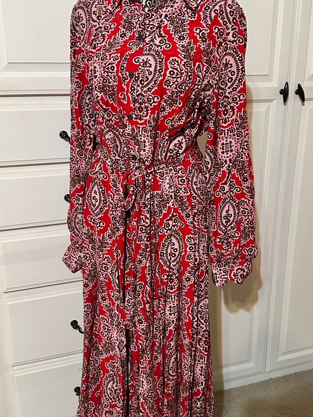Boden Red Paisley Tie-Waist Maxi Dress